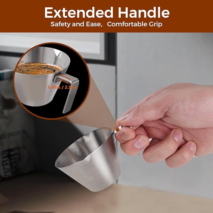 4Pcs Stainless Steel Espresso Cups, Double Spout Metal Espresso Measuring Cup with Handle, Dual Scale Espresso Shot Cup with V-Shaped Mouth, 3.4oz/100ml (Silver)