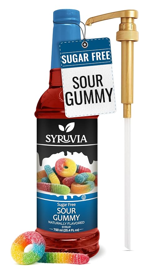 Syruvia Sugar Free Sour Gummy Flavored Syrup for Drinks, Cocktails, Lemonades, Iced Teas and Desserts – 25.4 fl oz, With Pump by SYRUVIA