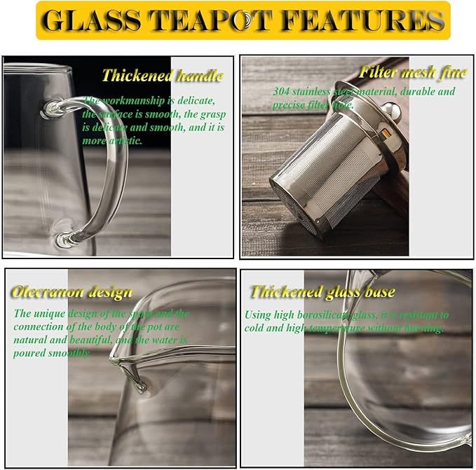 Glass Teapot with Removable Stainless Steel Infuser, Borosilicate Glass Tea Pot with Strainer,for Blooming Tea & Loose Leaf Tea, Microwave & Stovetop Safe (33OZ)