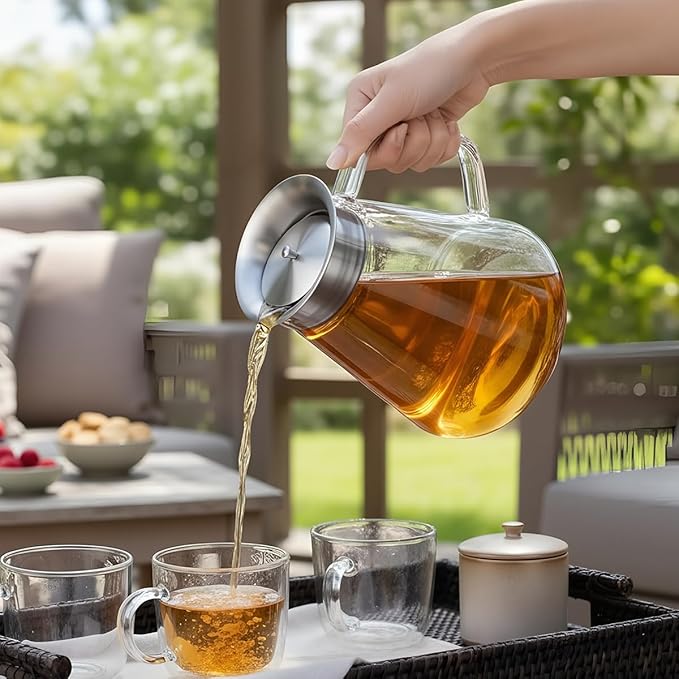 Aquach 51oz Glass Teapot with Smart Filter Lid, Stovetop Safe Borosilicate Glass Tea Kettle with Built-in Stainless Steel Infuser, Dishwasher Safe Hot & Iced Tea Maker, Plastic-Free