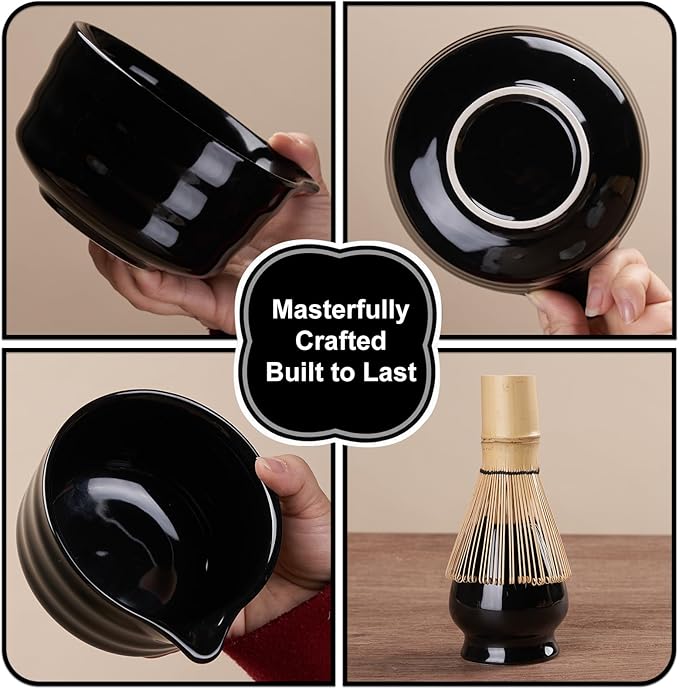 YOLIFE 7 Pcs Matcha Whisk Set, Includes Matcha Bowl with Spout, Bamboo Whisk (Chasen) with Ceramic Holder, Scoop and Powder Spoon, Sifter, Matcha Kit for Ceremony (Black)