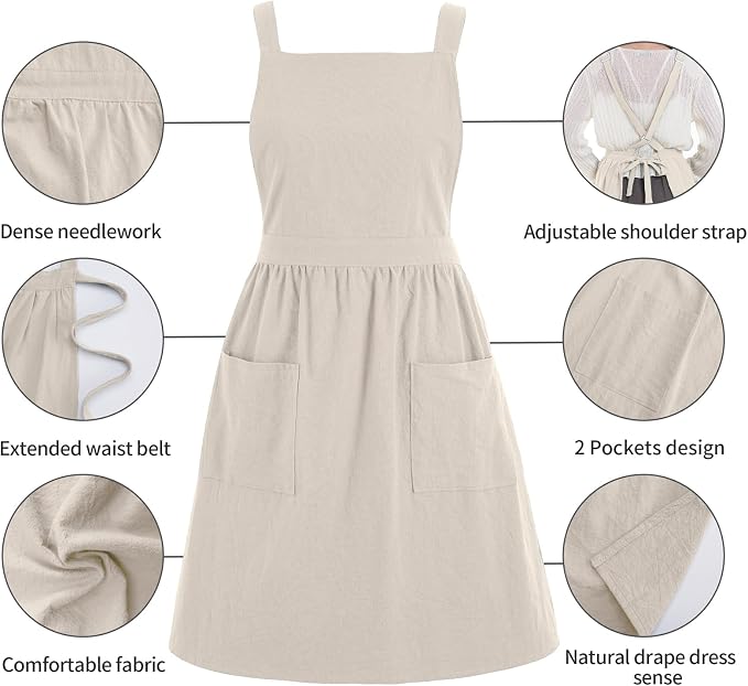 Pinknoke Cute Cotton Pinafore Aprons for Women with Pockets for Kitchen | Vintage Apron Dress,Adjustable Cross Back,2 Pockets,Long Straps,for Cooking Backing Gardening Painting Cleaning Gift Giving - Image 7