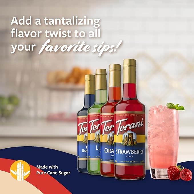 Torani Syrup, Soda Flavors Variety 4-Pack, Blue Raspberry, Lime, Strawberry, and Orange Syrup for Drinks, Glass Bottles, Pumps Included, 25.4 Fl Oz Ea