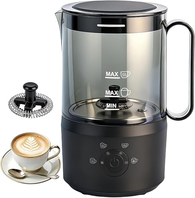 Milk Frother, 4-in-1 Electric Milk Steamer(10oz/300ml)，Automatic Hot and Cold Foam Maker for Iced Coffee, Lattes, Cappuccinos & Macchiatos, Non-Stick Interior, Black.