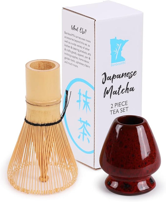 Matcha Tea Bamboo Whisk And Ceramic Rest 2 Piece Set - Deep Red with Black Holder - 1 Set