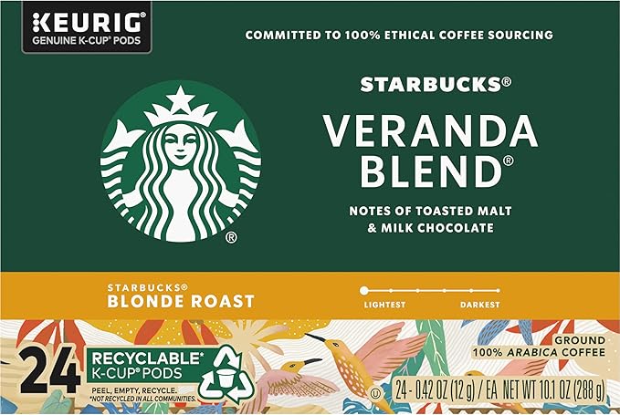Starbucks Coffee K-Cup Pods, Veranda Blend, Blonde Roast Coffee, Notes of Toasted Malt & Milk Chocolate, Keurig Genuine K-Cup Pods, 24 CT K-Cups/Box (Pack of 3 Boxes)