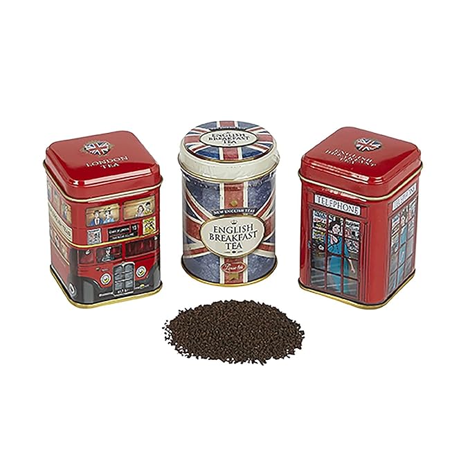 London & British Icons 3x Mini Tea Tins with Fine English Loose Leaf Tea (Union Jack, Red London Bus, Telephone Box)