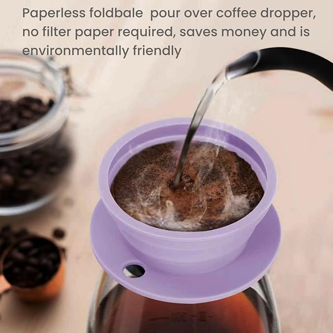 Travel Pour Over Coffee Maker Single Serve, Portabe Single Cup Pour Over Coffee Maker + Portable Kettle Electric, Collapsible Travel Electric Kettle (Purple)