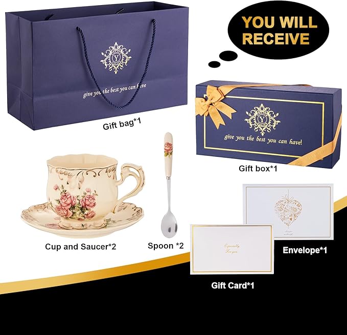 YOLIFE Tea Cups and Saucers Set of 2, Vintage Ceramic Tea Cups Set Floral and Gold Leaves Trim Design - 8 oz (Pink Rose with Gift Box(no stand))
