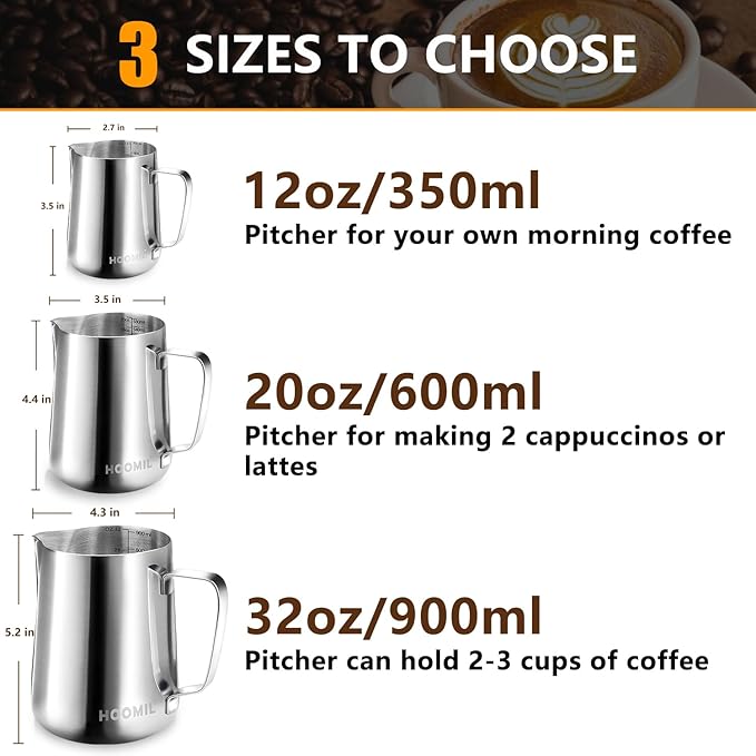 HOOMIL Milk Frothing Pitcher, 12oz/20oz/32oz Stainless Steel Steaming Pitcher Barista Milk Frother Cup Jug for Espresso Machine Coffee Cappuccino Latte Art - 32oz