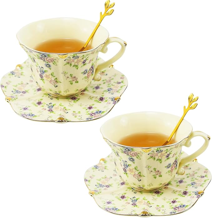 Country Roses Porcelain Tea Cup and Saucer Set with Gold Trim, Vintage Style, For Women and Tea Parties (2, Yellow)