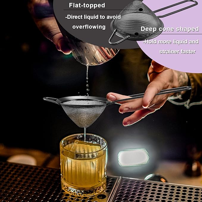 Black Small Strainer Set of 2, E-far 3.3 Inches Stainless Steel Fine Mesh Sieve with Long Handle, Metal Conical Strainers for Tea Cocktail Coffee Food, Rust Proof & Easy to Clean