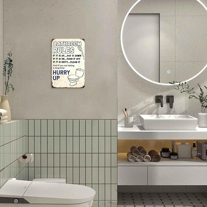 Vintage 'Bathroom Rules' Metal Tin Sign – Funny Wall Art for Bathroom Decor, 8x12 Inch