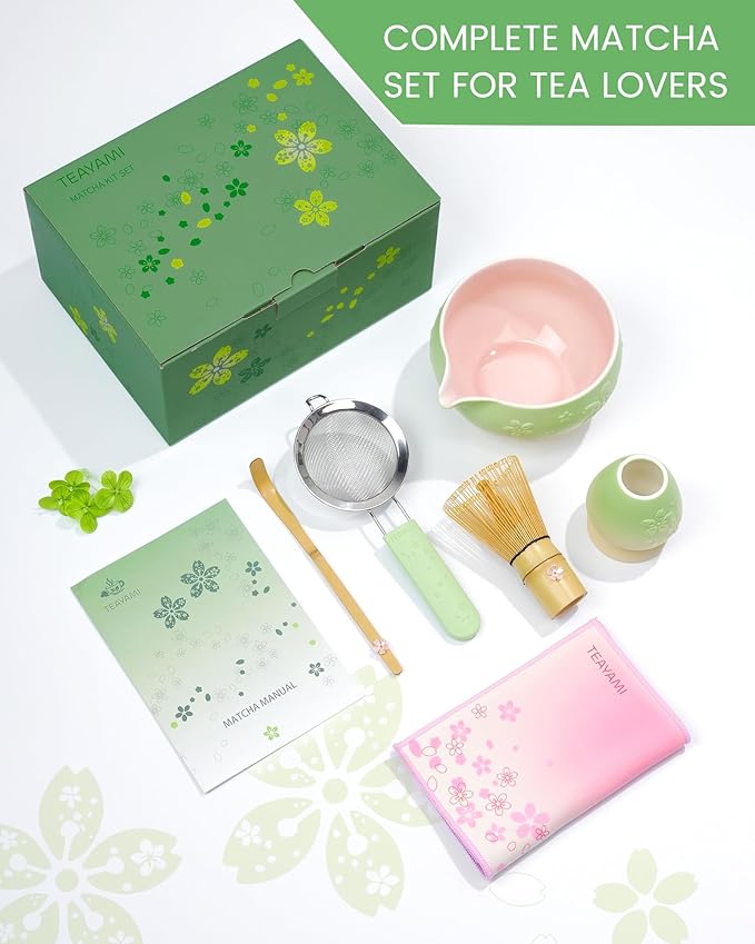 Matcha Whisk Set, 6pcs Matcha Set Includes Matcha Bowl, Bamboo Whisk & Scoop with Cute Charm, Chasen Holder, Innovative Sifter, Tea Mat for Japanese Tea Ceremony, Pale Green