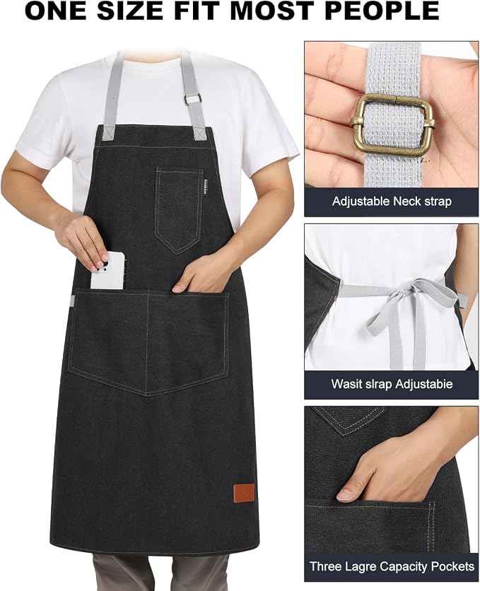 Chef Apron w/Pockets, Adjustable Strap for Cooking & Gardening | Equipped with 3 Large Multi-use Pockets, Wear-Resistant Fabric, Easy Clean, Ideal for BBQ Baking Craft for Men Women - Image 2