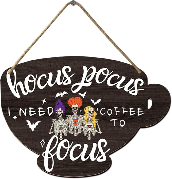 Hocus Pocus I Need Coffee to Focus Wood Sign Hanging Sign for Home Halloween Coffee Bar Coffee Station Cafe Office Coffee Station Decor Signs 4.8x6.78 Inch by Nwijvsn