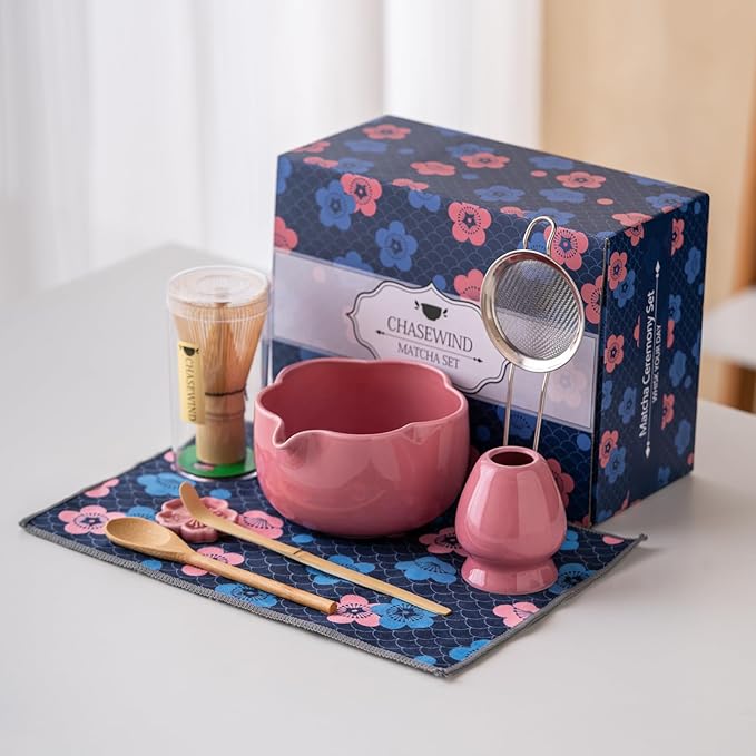 Matcha Set, 8Pcs Floral Ceramic Matcha Kit with Matcha Whisk, Holder, Scoop, Scoop Rest, Sifter, Spoon and Tea Towel - Thoughtful Matcha Whisk Set Gift for Matcha Lovers (Pink)