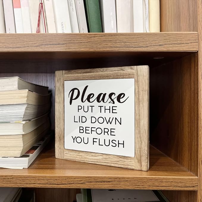 Rustic Pine Wooden Box Sign, 5.9x5.9x0.7in, Home Decor, Words & Quotes, Tabletop Mount, Please Put The Lid Down Before You Flush - Image 5