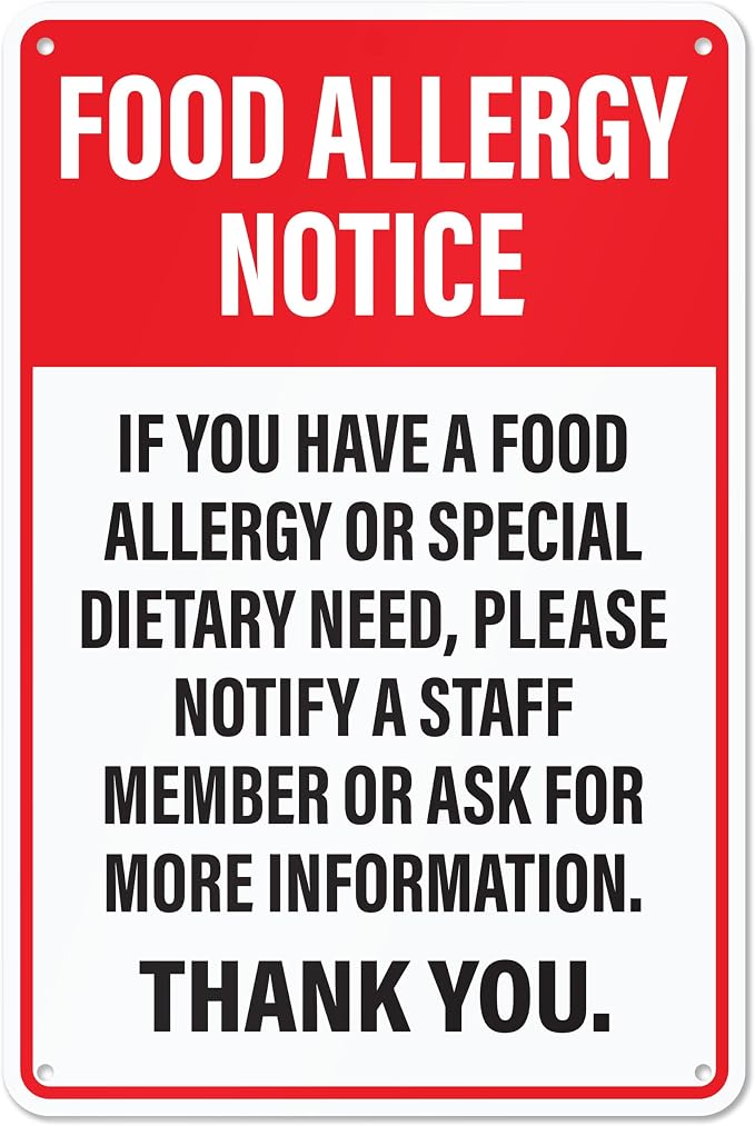 Food Allergy Notice Sign for Restaurants, Food Trucks, Cafes, Aluminum Safety Notice Sign, 12" x 8" by SutterSigns
