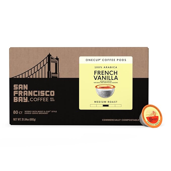 San Francisco Bay Coffee - Flavored Medium Roast - French Vanilla (80 ct) - Single Serve Coffee Pods, Commercially Compostable, K Cup Compatible