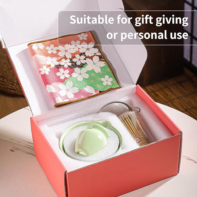 8-Piece Matcha Ceremony Set - Tea Kit with Cherry Blossom Bowl, Bamboo Whisk, Wood Scoops, Tea Cloth & Floral Display - Gift-Ready Pink Cherry color box (green)