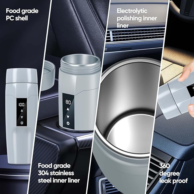 Electric Heating Kettle with Temperature Control, 40~100 ℃ Adjustable, Mini Portable Travel Electric Water Mug, Anti-leakage, 300W Fast Heating Insulation Cup, Anti-dry Fever, Auto- shutdown, Gray