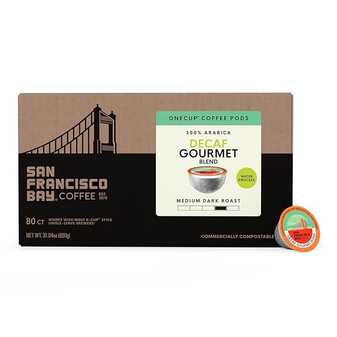 San Francisco Bay Coffee - Decaf Medium-Dark Roast - Decaf Gourmet Blend (80 ct) - Single Serve Coffee Pods, Swiss Water Processed, Commercially Compostable, K Cup Compatible