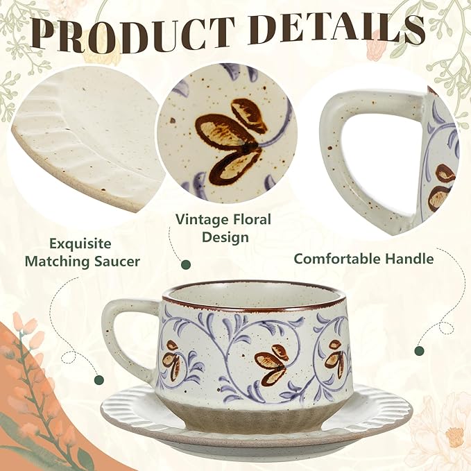 LemonRoad 1 Set Vintage Tea Cup and Saucer Set Floral Tea Cup with Saucer 10oz Porcelain Vintage Coffee Mugs for Spring Party Birthday Gift Coffee (Tang Grass Design)
