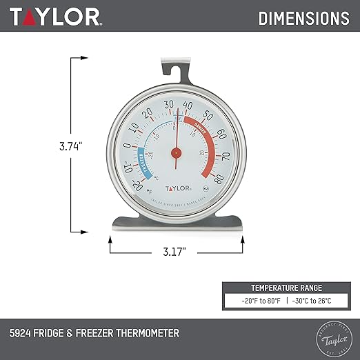 Taylor Large Dial Refrigerator Freezer Thermometer 2 Pack, 3 Inch Stainless Steel Fridge and Cooler Thermometer, Kitchen Appliance Temperature Gauge, Silver
