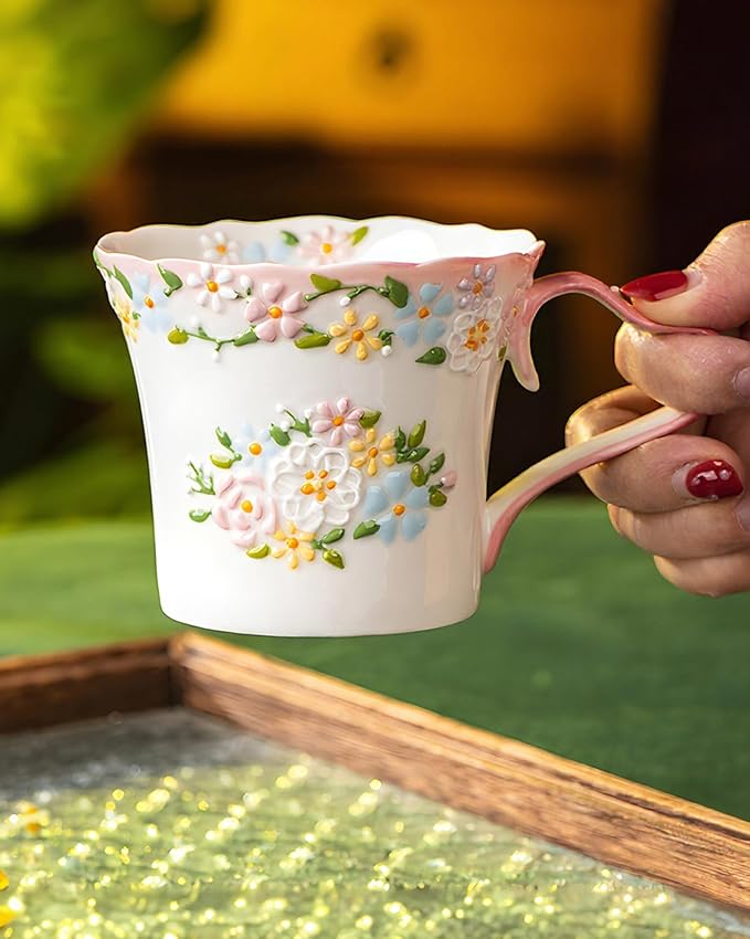 12oz Embossed Floral Ceramic Coffee Mug – Handcrafted Cottagecore Pottery Cup with Vintage Pastel Design, Dishwasher & Microwave Safe, Romantic Gift Mug for Her
