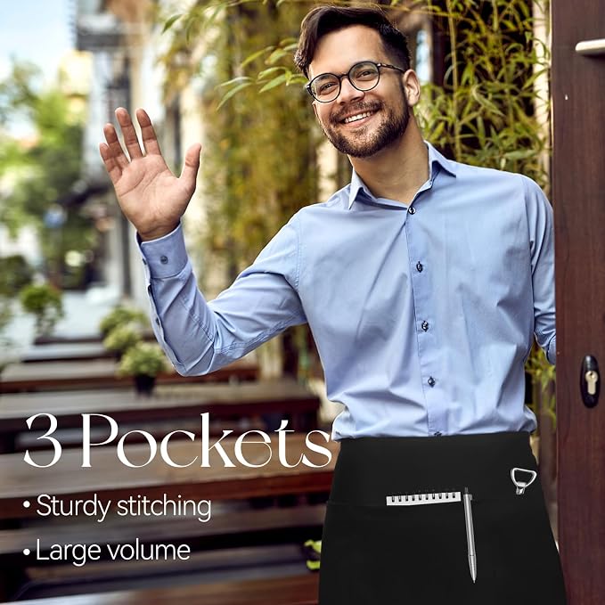 NLUS 3 Pack Server Aprons with 3 Pockets, Water Oil Stain Resistant Waitress Waiter Apron Black Waist Aprons Bistro Apron for Women Men, 24 X 12 inch - Image 5