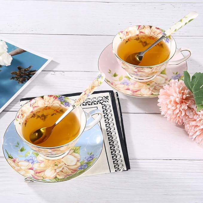 Tea Cups,Floral Tea Cups and Suacers Set,Bone China Tea Set of 2,Coffee Cups,Tea Set for Adults/Friends/Lover,7OZ(Blue/Pink)