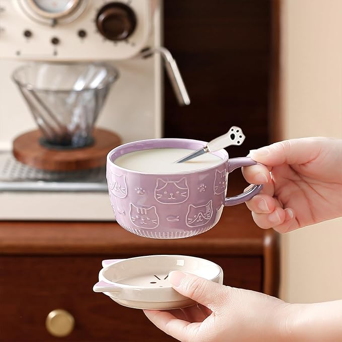 BigNoseDeer Cute Cat Mug Kawaii Tea Cup Purple Ceramic Coffee Mug with lid,Tea Cups and Saucers for Dessert Cute Gifts Cat Gifts for cat Lovers Christmas gifts 10oz(Purple)