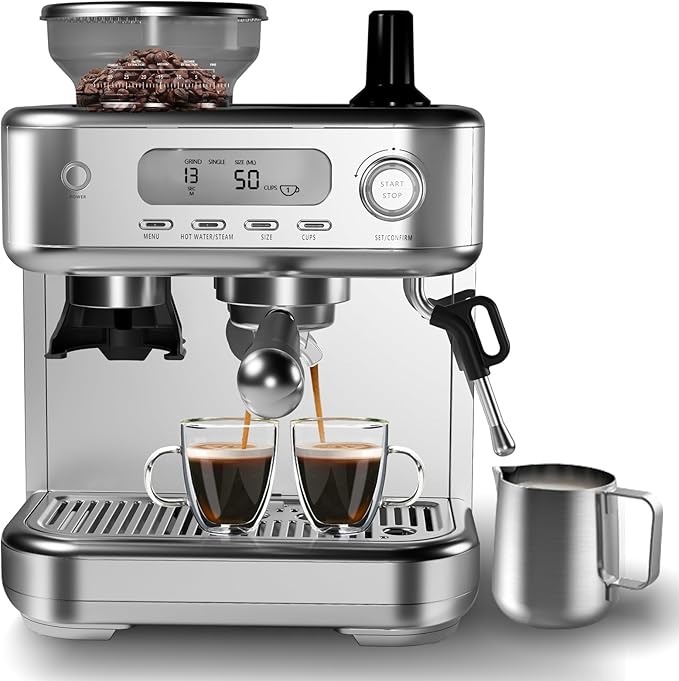 Espresso Machine 15 Bar, LCD Display Espresso Maker with Grinder, Milk Frother and PID Temperature Control, Professional Coffee Maker for Latte Cappuccino - 8.8 Oz Bean Hopper