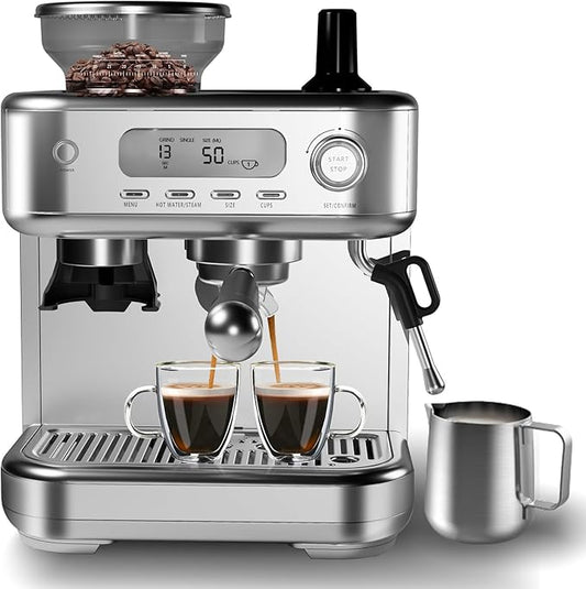 Espresso Machine 15 Bar, LCD Display Espresso Maker with Grinder, Milk Frother and PID Temperature Control, Professional Coffee Maker for Latte Cappuccino - 8.8 Oz Bean Hopper