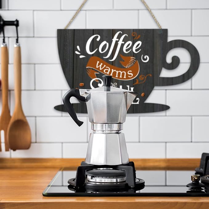 Jetec Coffee Bar Business Door Sign Wooden Wall Hanging Sign Rustic Farmhouse Cup Plaque Coffee Warms The Soul for Shop Store Window Restaurants Decoration 11.8 x 6.8 Inches