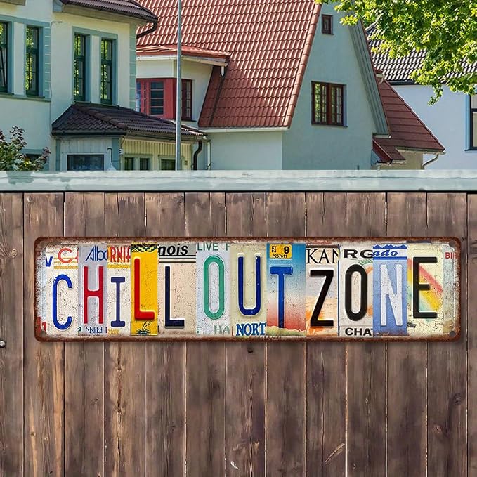 Vintage License Plate CHILL OUT ZONE Sign – 16x4 Inch Rustic Tin Wall Décor for Lounge, Patio, Dorm, Game Room, Bar or Relaxation Area - Image 4