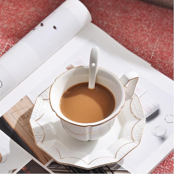 Tea Cup and Saucer Set for 1, Coffee Cup with Saucer and Spoon, Espresso Latte Cup for Women Gift, Dishwasher Safe, 6.8 Oz
