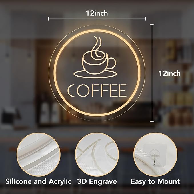 Dimmable Coffee Neon Sign - Vintage Cafe Wall Art, Warm White LED Light for Coffee Bar, Kitchen Decor, Events Backdrop, Perfect Barista Gift (USB Powered and Cup Shape Design)