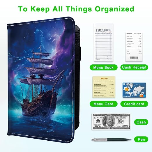 Server Books for Waitress, with 7 Large Pockets, Waiter Serving Book, Waitstaff Server Order Pads, Cute PU Leather Server Book with Pen Holder Fit Server Apron, Purple Ship - Image 5