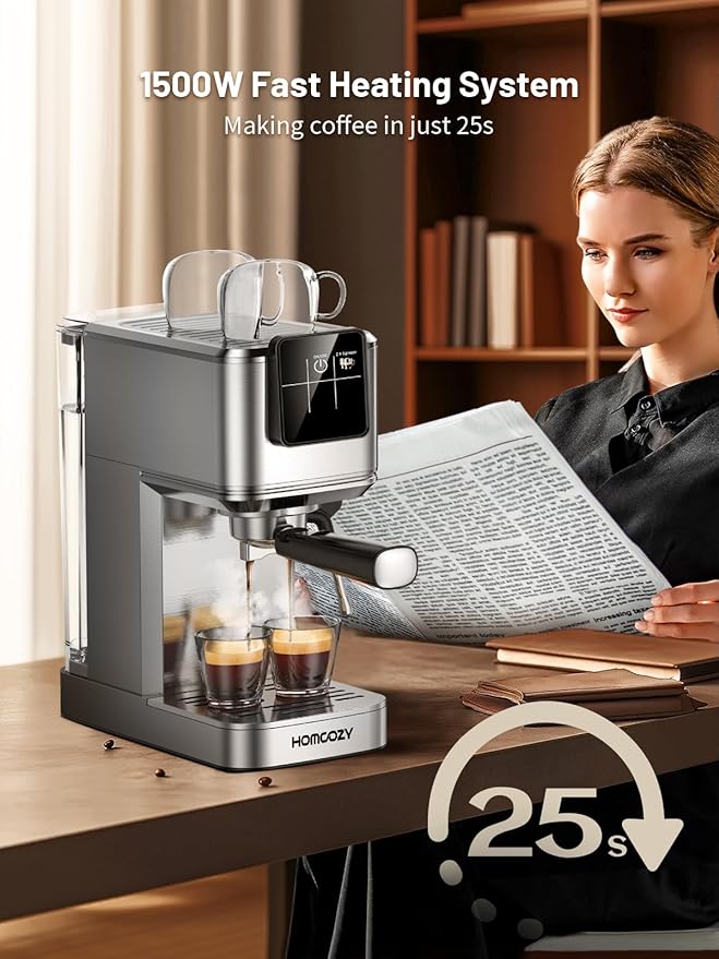 20 Bar Espresso Machine, Hot & Cold Brew Coffee Maker with Milk Frother, Touch Screen, Compact Water Tank, Expresso Coffee Machines for Lattes, Cappuccinos, Americano, Home & Office (Silver)