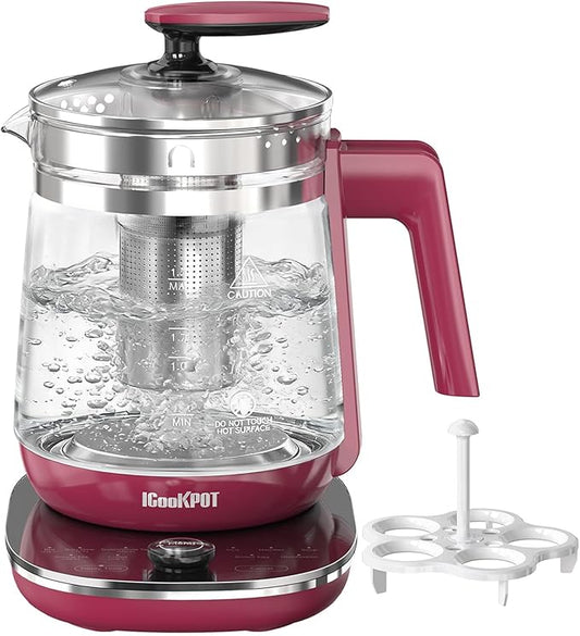 1200w Electric Kettle, 1.5L Borosilicate Glass tea kettle, Hot water kettle electric for Coffee or Tea, BPA Free, Auto Shut-Off, Stainless Steel, Fast Boil, Red