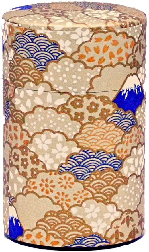 Washi Paper Tea Tin Canister: Long 3.5oz (100g) Mt. Fuji at Golden Hour (#151), Japan