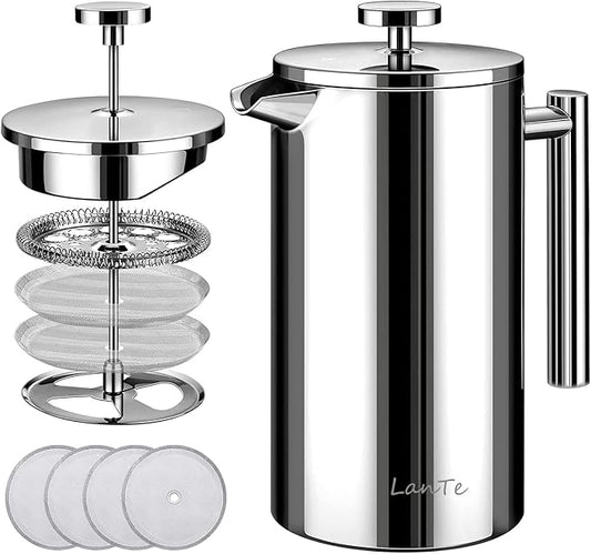 French Press Coffee Maker, Double Insulated 304 Stainless Steel Coffee Tea Maker 4 Level Filtration System, No Coffee Grounds, Rust-Free, Dishwasher Safe, 1000ml