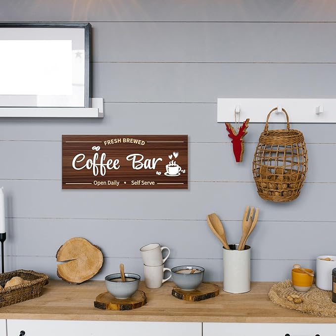 Uflashmi Coffee Bar Sign Wall Decor, Coffee Signs for Cafe Station Bar Kitchen Decorations, Cafe Station Accessories Decor Wall Art, Brown