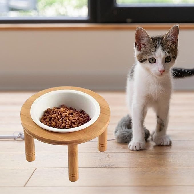 Elevated Cat Bowl Ceramic Bowl Feeder Bamboo Wood Stand Whisker Water Assembly Suitable for Indoor Feeding Pet Owne, 18cmx18cmx12cm