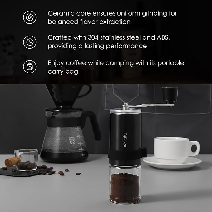 Vzaahu Portable Manual Coffee Grinder - Adjustable Ceramic Burr with Fast Grinding, Compact & Lightweight for Camping, Hiking, Travel - Perfect for French Press, Americano Lovers
