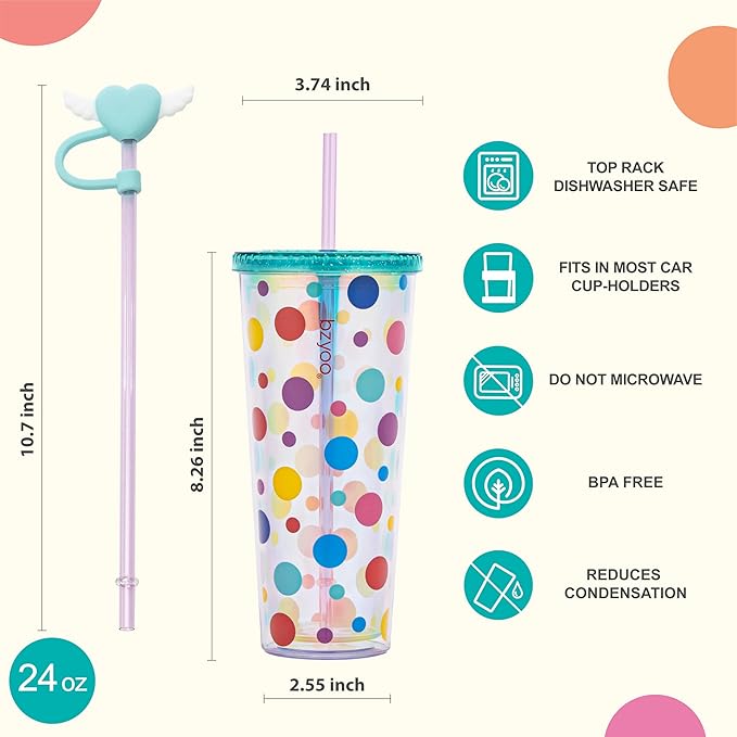 bzyoo 24 oz SIP Tumbler with Heart-Shaped w/Wing Straw Cap Cover– Cute DotDot Design Iridescent Tumbler, BPA-Free Cup with Lid and Straw, Perfect for Iced Coffee, Tea, Party and Gift