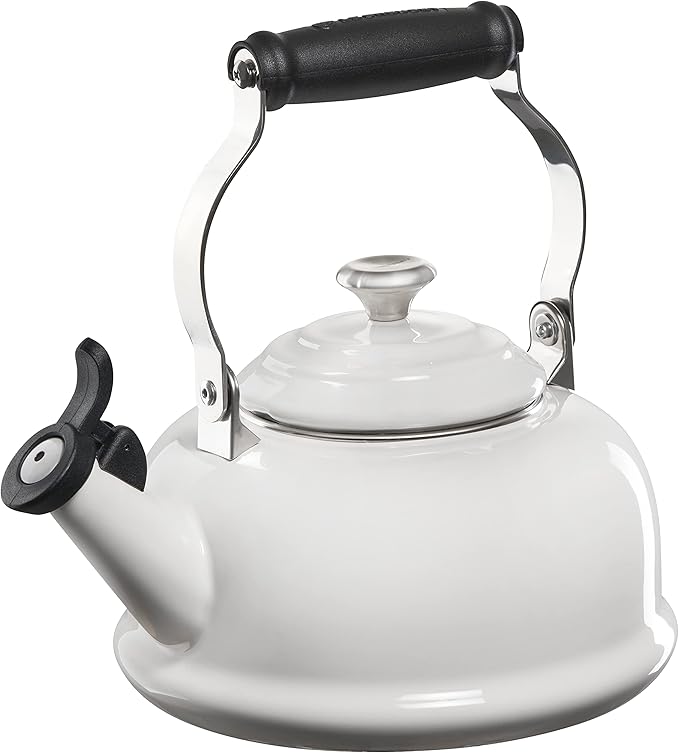 Le Creuset Enamel On Steel Whistling Tea Kettle with Metal Finishes, 1.7 qt., White