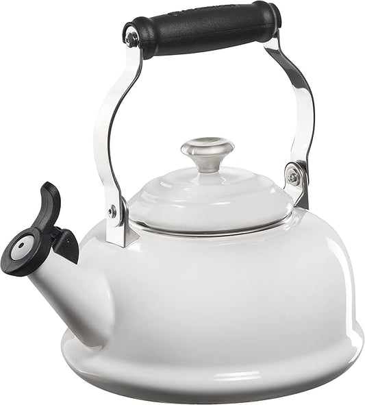 Le Creuset Enamel On Steel Whistling Tea Kettle with Metal Finishes, 1.7 qt., White